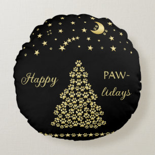 Coussins Ronds Joyeux Pawlidays, Or brillant Paw sapin de Noël
