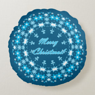 Coussins Ronds Joyeux texte de Noël cadre rond flocon bleu wh