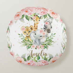 Coussins Ronds Jungle Animal Safari rose Floral Girl Salle de soi