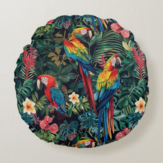Coussins Ronds Jungle de perroquets (Devant)