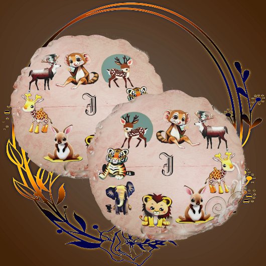 Coussins Ronds Jungle Safari Animal Kingdom Woodland Monogramme e