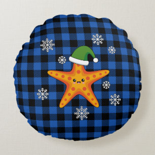 Coussins Ronds Kawaii Xmas Starfish sur Blue Buffalo Motif