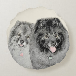 Coussins Ronds Keeshond Maman et Son Peinture - Art Chien origina