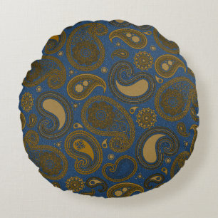 Coussins Ronds Khaki Paisley sur motif Blue Jean