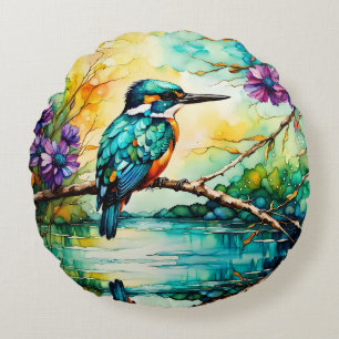 Coussins Ronds Kingfisher perché au-dessus des Fleurs sauvages d'
