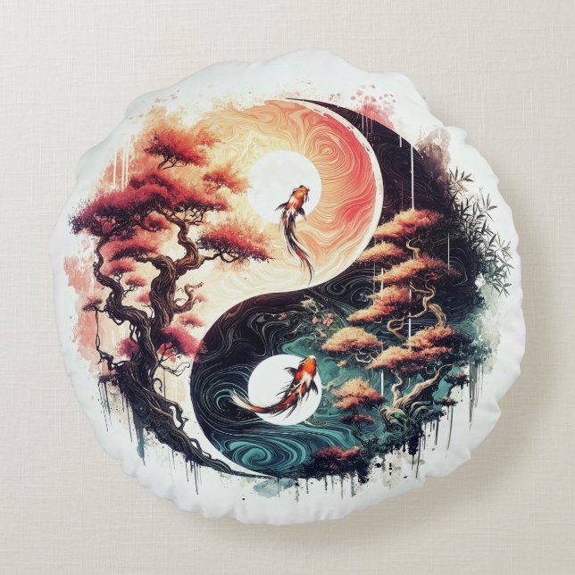 Coussins Ronds Koi Fish and Temple Yin Yang (Dos)