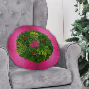 Coussins Ronds La couronne de pin rouge sur Noël rose