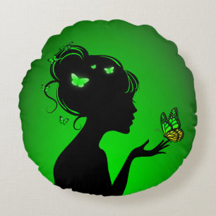 Coussins Ronds La femme papillons verts