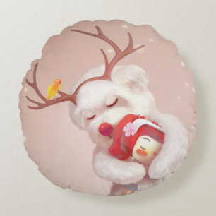 Coussins Ronds La fille serrant le chien dans les Antlers de renn