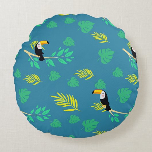 Coussins Ronds La forêt tropicale du Toucan bleu et vert (Devant)