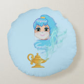 Coussins Ronds Lampe magique dorée et génie sur bleu clair (Dos)