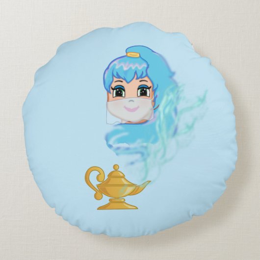 Coussins Ronds Lampe magique dorée et génie sur bleu clair (Dos)