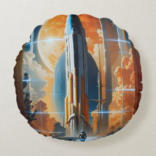 Coussins Ronds Lancement Lunaire - Voyage vers Moon Retro Poster