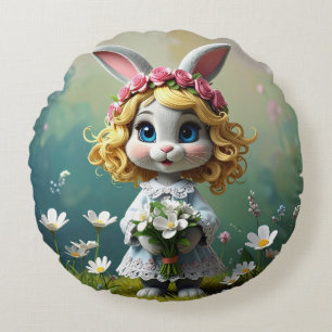 Coussins Ronds Lapin aux grands yeux bleus tenant un bouquet blan