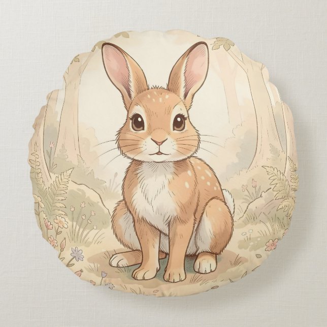 Coussins Ronds Lapin brun mignon dans une forêt (Devant)