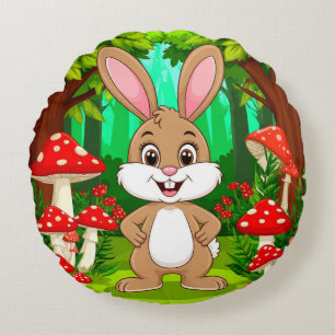 Coussins Ronds Lapin de dessin animé mignon debout dans une forêt