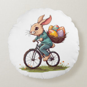 Coussins Ronds Lapin de Pâques à vélo avec panier d'oeufs