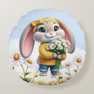 Coussins Ronds Lapin oreilles roses marguerites blanches
