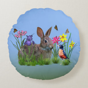 Coussins Ronds Lapin, Robin, et fleurs, personnalisables