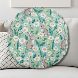 Coussins Ronds Lapins Mignons Assis Parmi les Pâquerettes Blanche
