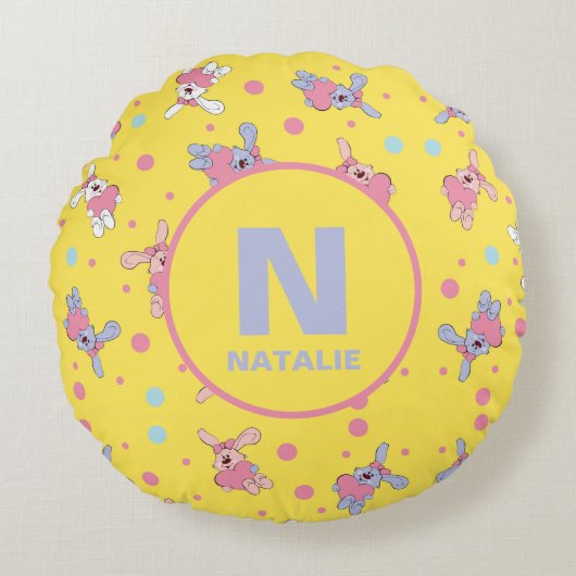 Coussins Ronds Lapins roses et pourpres sur un monogramme jaune (Devant)