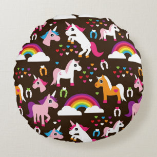 Coussins Ronds l'arc-en-ciel de licorne badine le cheval