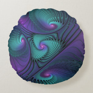 Coussins Ronds L'art fractal abstrait moderne violet rencontre le