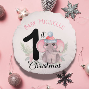 Coussins Ronds Le 1er Noël de Bébé Fille Éléphant Rose Mignon Nom