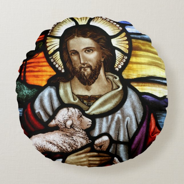 Coussins Ronds Le Bon Pasteur; Jésus sur le vitrail (Devant)