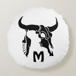 Coussins Ronds Le crâne taureau de Longhorn avec la plume noire