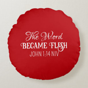 Coussins Ronds Le Mot Est Devenu Flesh Noël Bible Verse Rouge