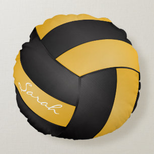 Coussins Ronds Le volleyball jaune et noir d'or personnalisent