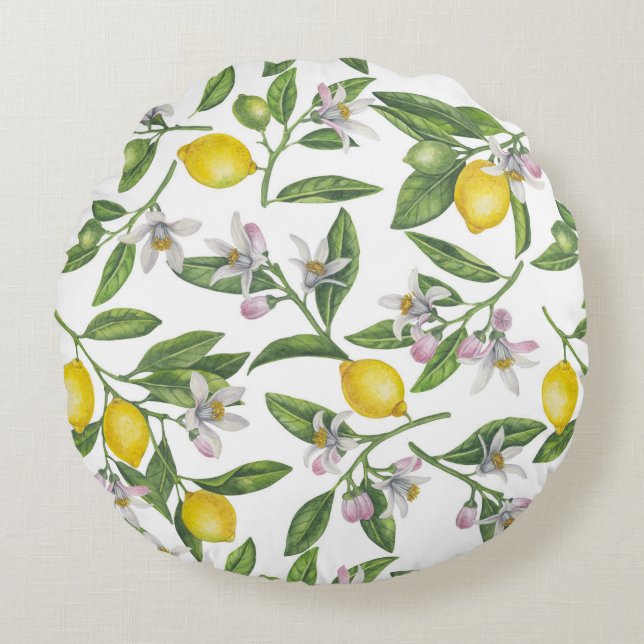 Coussins Ronds Lemon branches with blossoms and fruit on white (Devant)