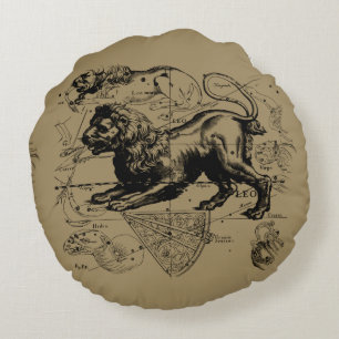 Coussins Ronds Leo Constellation Map Hevelius 1690 sur Taupe