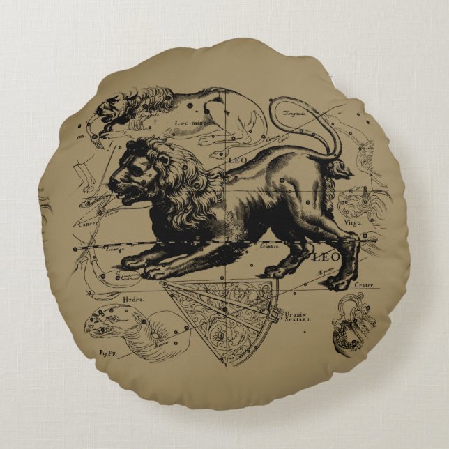 Coussins Ronds Leo Constellation Map Hevelius 1690 sur Taupe (Dos)