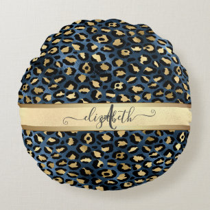 Coussins Ronds Léopard Motif bleu or Monogramme