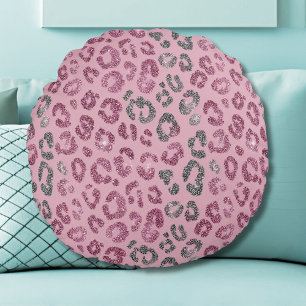 Coussins Ronds Léopard Pailleté Rose Élégant sur Fond Or Rose