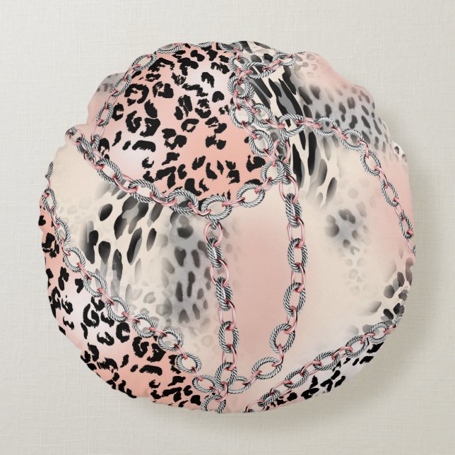 Coussins Ronds Leopard pattern, flowers, chain, roses (Devant)