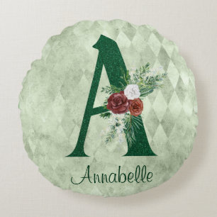 Coussins Ronds Lettre A illustrée de florale d'hiver personnalisé