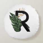 Coussins Ronds Lettre Boho Tropical Green R Monogramme<br><div class="desc">Lettre personnalisable R coussin rond monogramme avec aquarelle feuille de palme tropicale,  fausse feuille de feuille d'or et accents de brosse d'aquarelle noire. Cette lettre de boho R monogramme mousepad sera parfait comme un cadeau. D'autres lettres sont disponibles.</div>