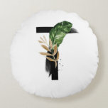 Coussins Ronds Lettre Boho Tropical Green T Monogramme<br><div class="desc">Coussin circulaire T monogramme personnalisable avec aquarelle feuille de palme tropicale,  fausse feuille de feuille d'or et accents de brosse d'aquarelle noire. Cette mousepad monogramme T lettre boho sera parfait comme cadeau. D'autres lettres sont disponibles.</div>