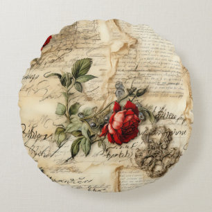 Coussins Ronds Lettre d'amour sur parchemin vintage avec fleurs