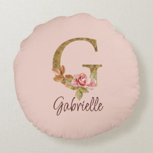 Coussins Ronds Lettre de nom personnalisée G Roses roses blush en