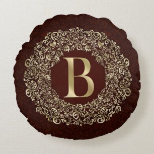 Coussins Ronds Lettre élégante B or et rouge Damas Monogramme