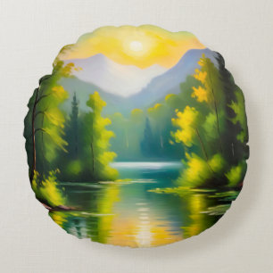 Coussins Ronds Lever de soleil sur des montagnes enneigées et un