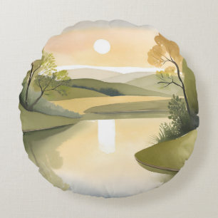Coussins Ronds Lever de soleil sur la rivière Aquarelle jaune