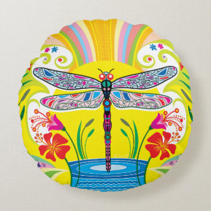Coussins Ronds Libellule radieuse et fleurs sauvages