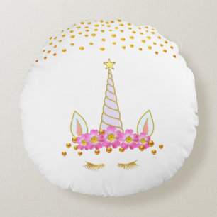 Coussins Ronds  Licorne dorée mignonne, fleurs et confettis dorés