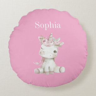 Coussins Ronds Licorne Florale Rose Blanc Mignon