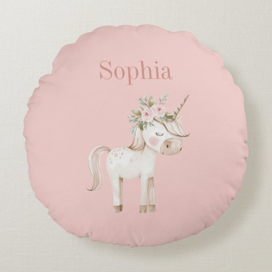 Coussins Ronds Licorne Florale Rose Pâle (Devant)